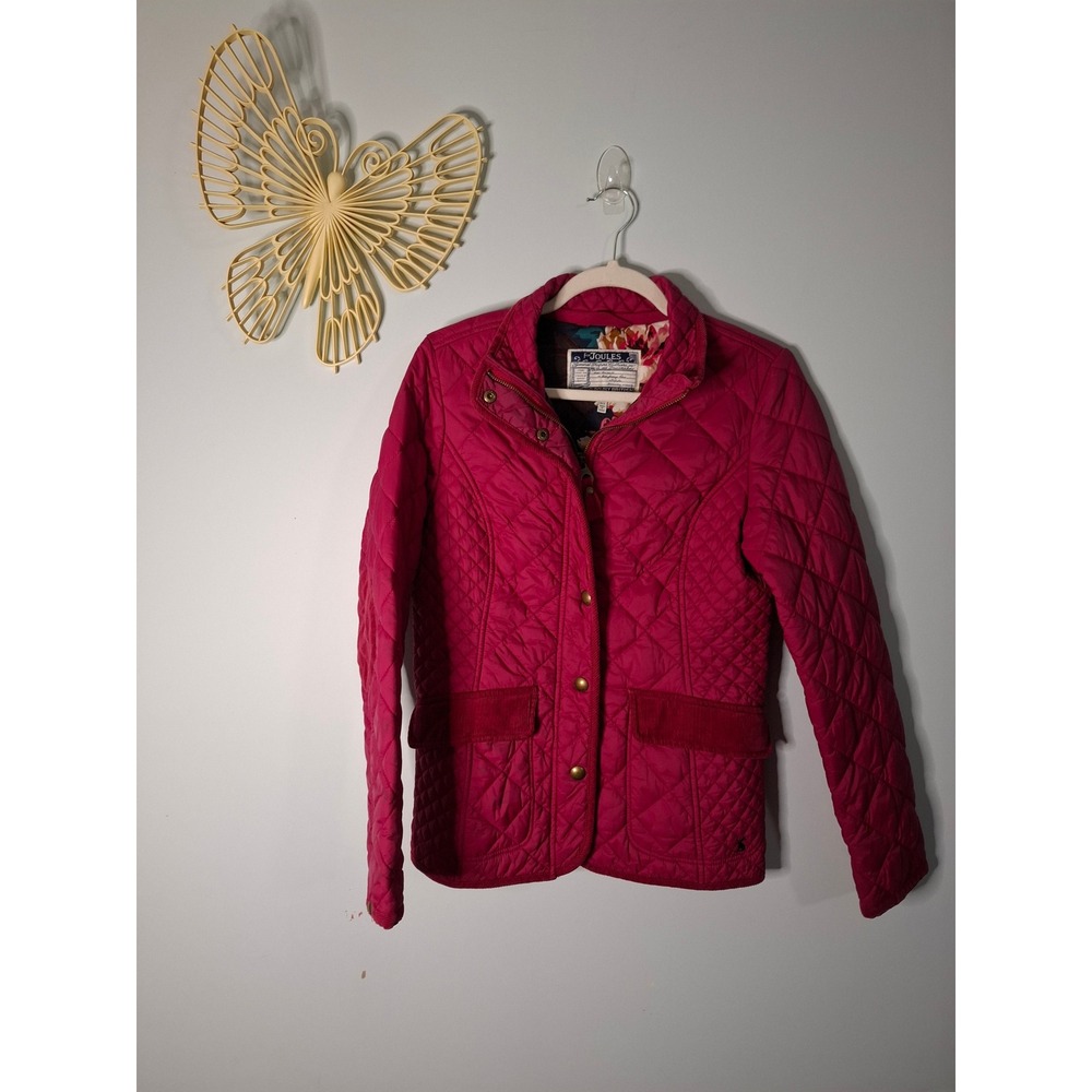 Joules Moredale Quilted Jacket Pink Floral Lining Corduroy Trim US 6 UK 10
